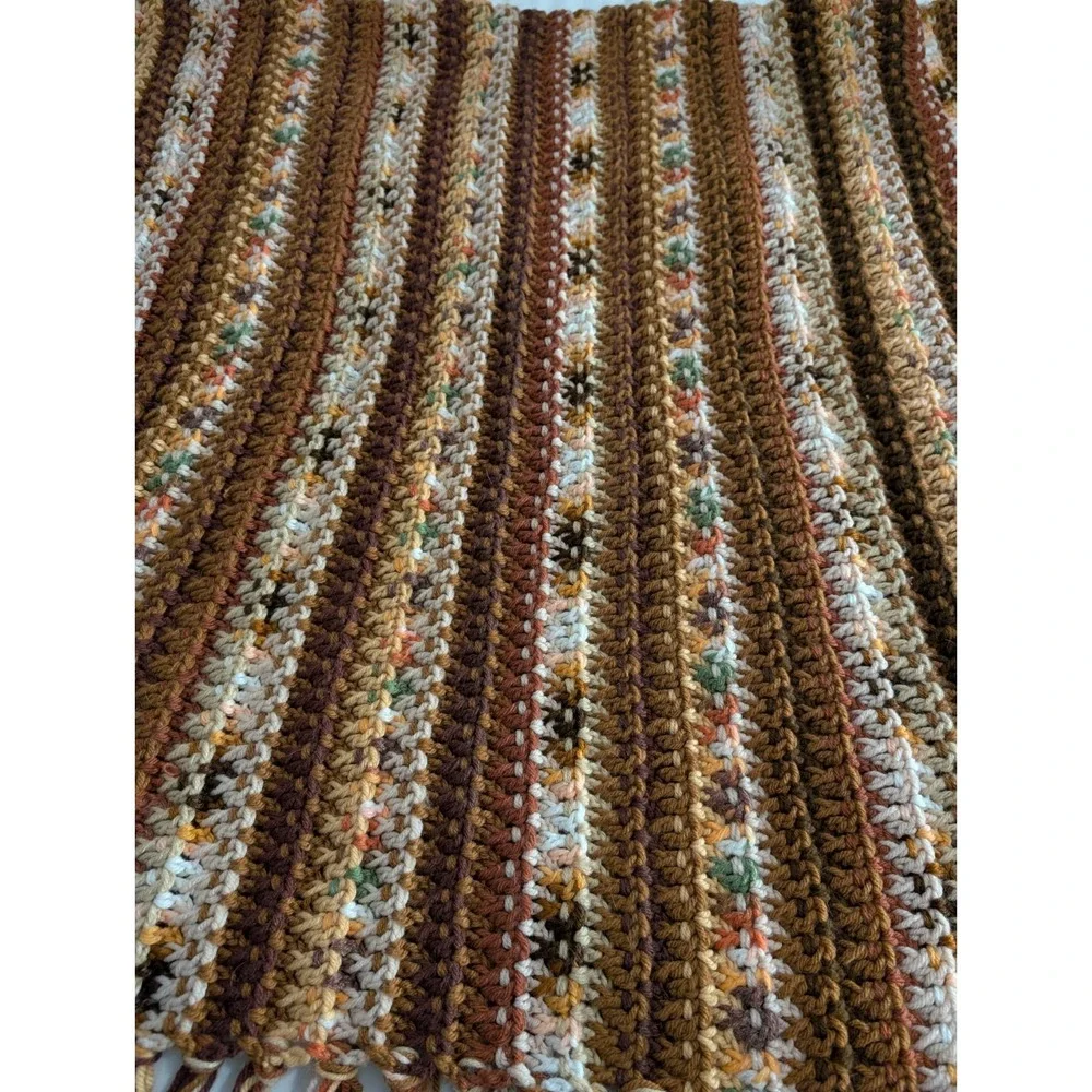 Crochet Afghan Throw Stripe Fall Colors‎ Orange/Green/Brown 66 X 34 Handmade